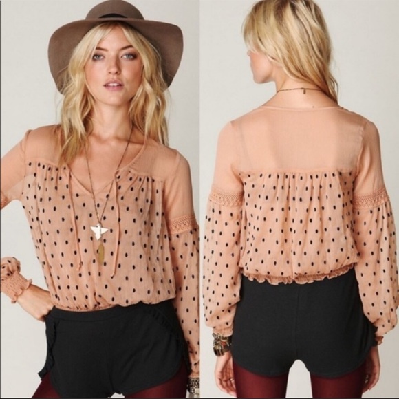 Free People Peach with Black Polka Dots Blouse - Picture 1 of 8